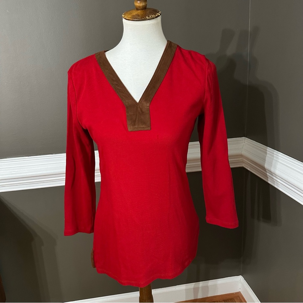 Ralph Lauren Red V-Neck Tunic with Brown faux suede trim. Size Small